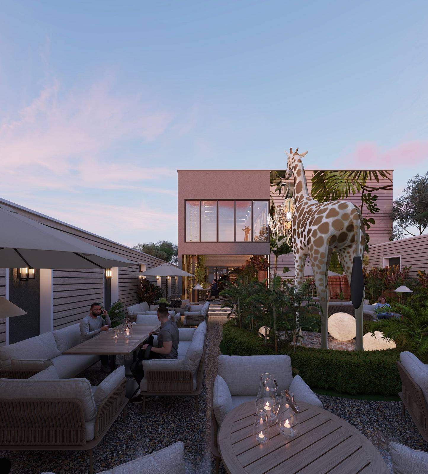 UJ Port Harcourt redevelopment — Garden lounge at dusk