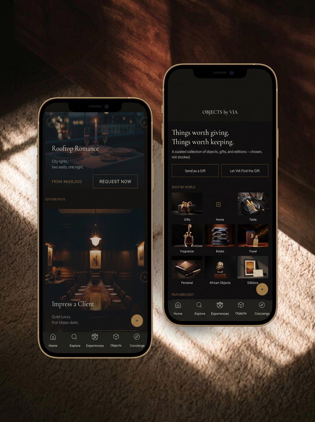 VIA app screens